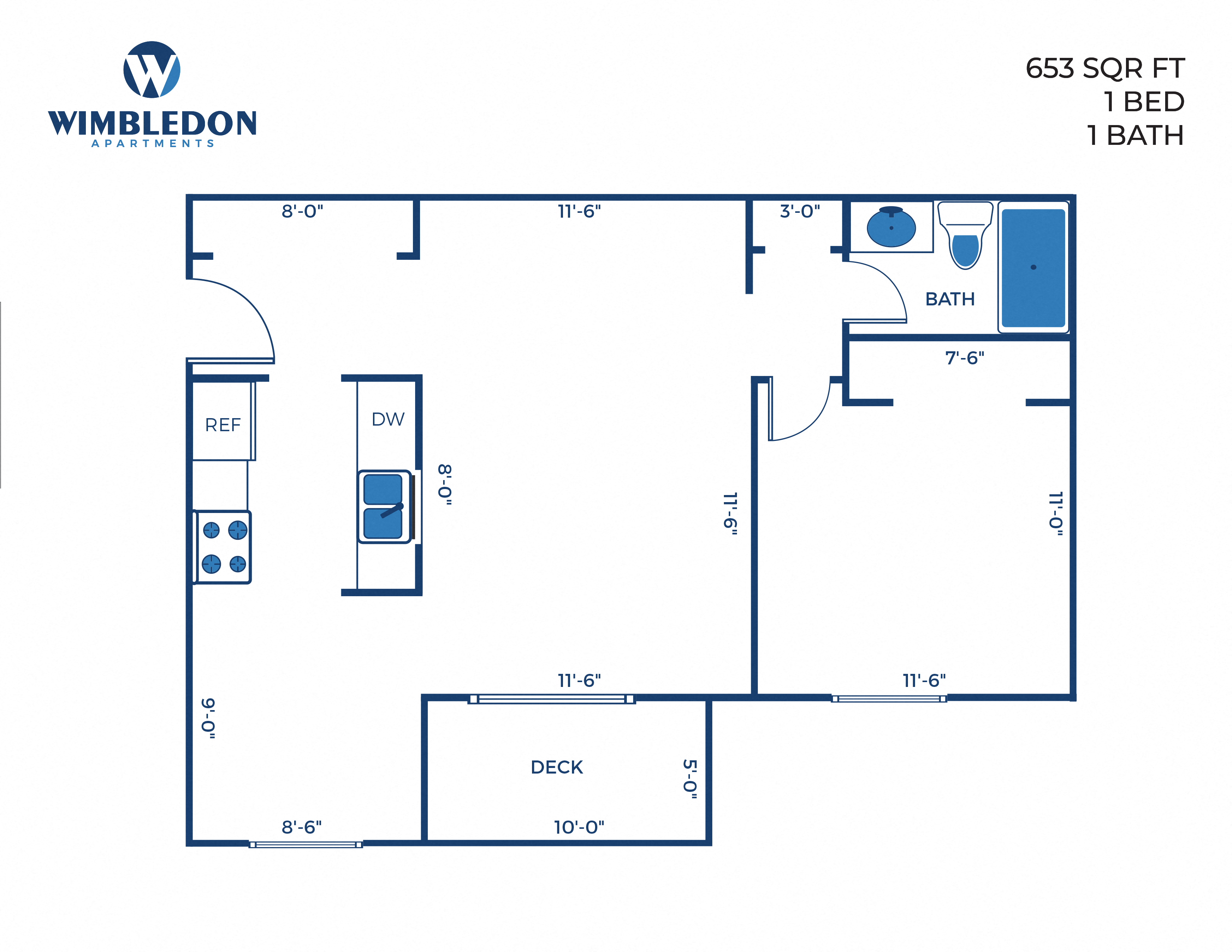 Floor plan for 1 bed, 1 bath, 653 sqft